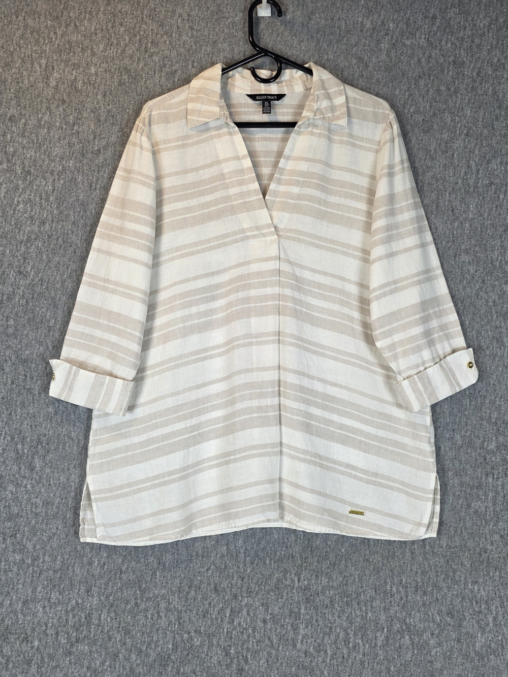 Ellen Tracy Linen Striped V-Neck Popover Tunic  Beige & White Wmn's Lg